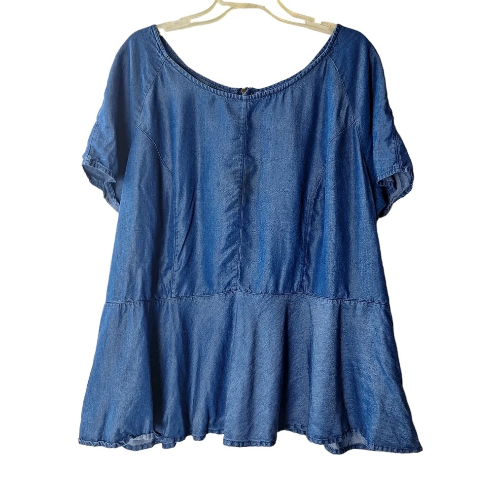 Jessica London Plus Size 20 Blue Lightweight Denim Peplum Pullover Back Zip‎ Top